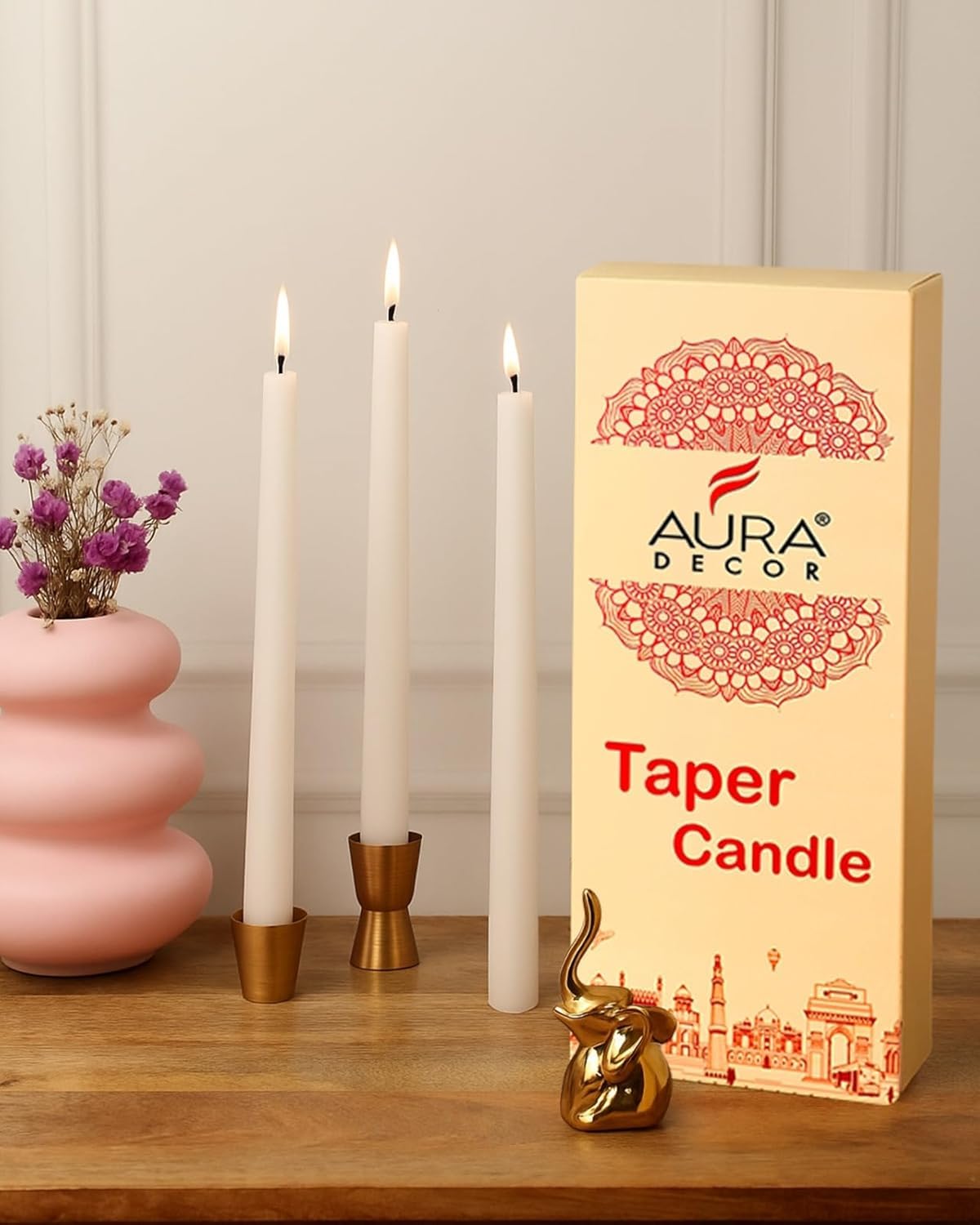 AuraDecor Taper Candles Pack || Dinner Candle || Celebration Candles || 10 inch Candles || Dripless || Smokeless Candle || Burnng Time 8 Hours (Pack of 12, White)