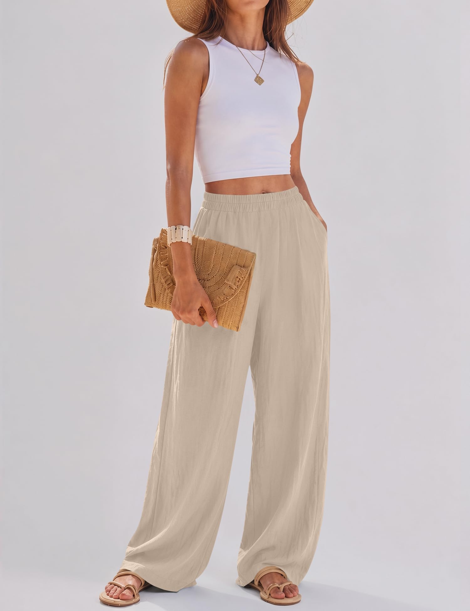 Rapbin Leinenhose Damen Sommer Sommerhose Damen Leicht Stoffhose Damen mit weitem Bein Luftige Strandhose Lässige Freizeithose Elegant Einfarbig mit Taschen