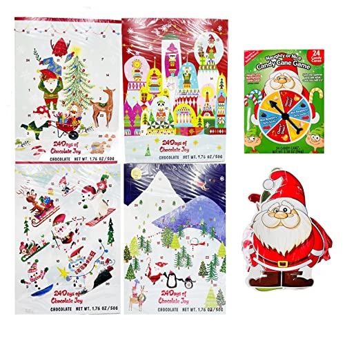 Wawi Chocolate Advent Calendar 2021 Bundle - Set of 4 Chocolate Advent Calendar 2021 Kids (1.76 oz each) + Candy Cane Game Try Flavors + Kiva Christmas Banner Garland - 24 Days Countdown to Christmas