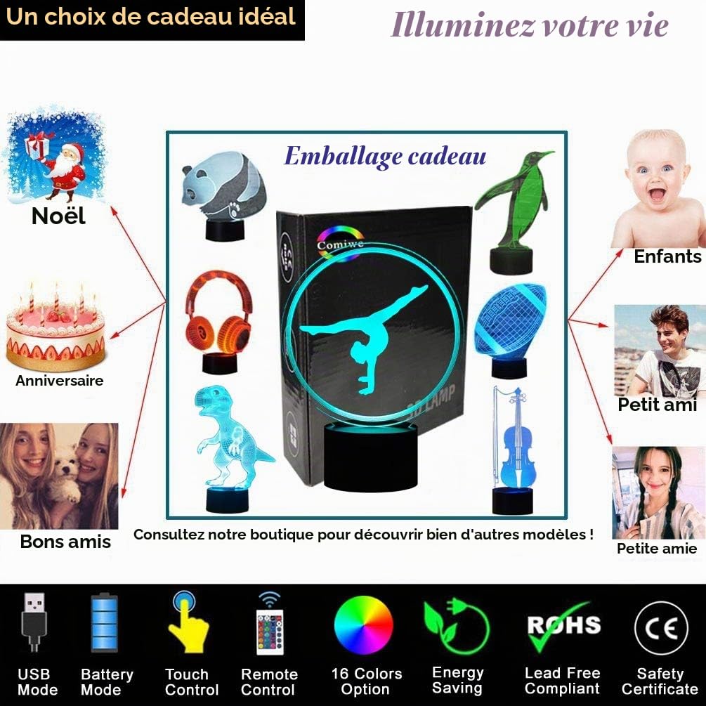 Gymnastique Yoga 3D Illusion Veilleuse Jouets,Décor de Maison LED Lampe de Chevet Table,Tactile & Télécommander 16 Couleurs,Cadeau d'Anniversaire de Noël Pour Filles Enfants Amis et Famille