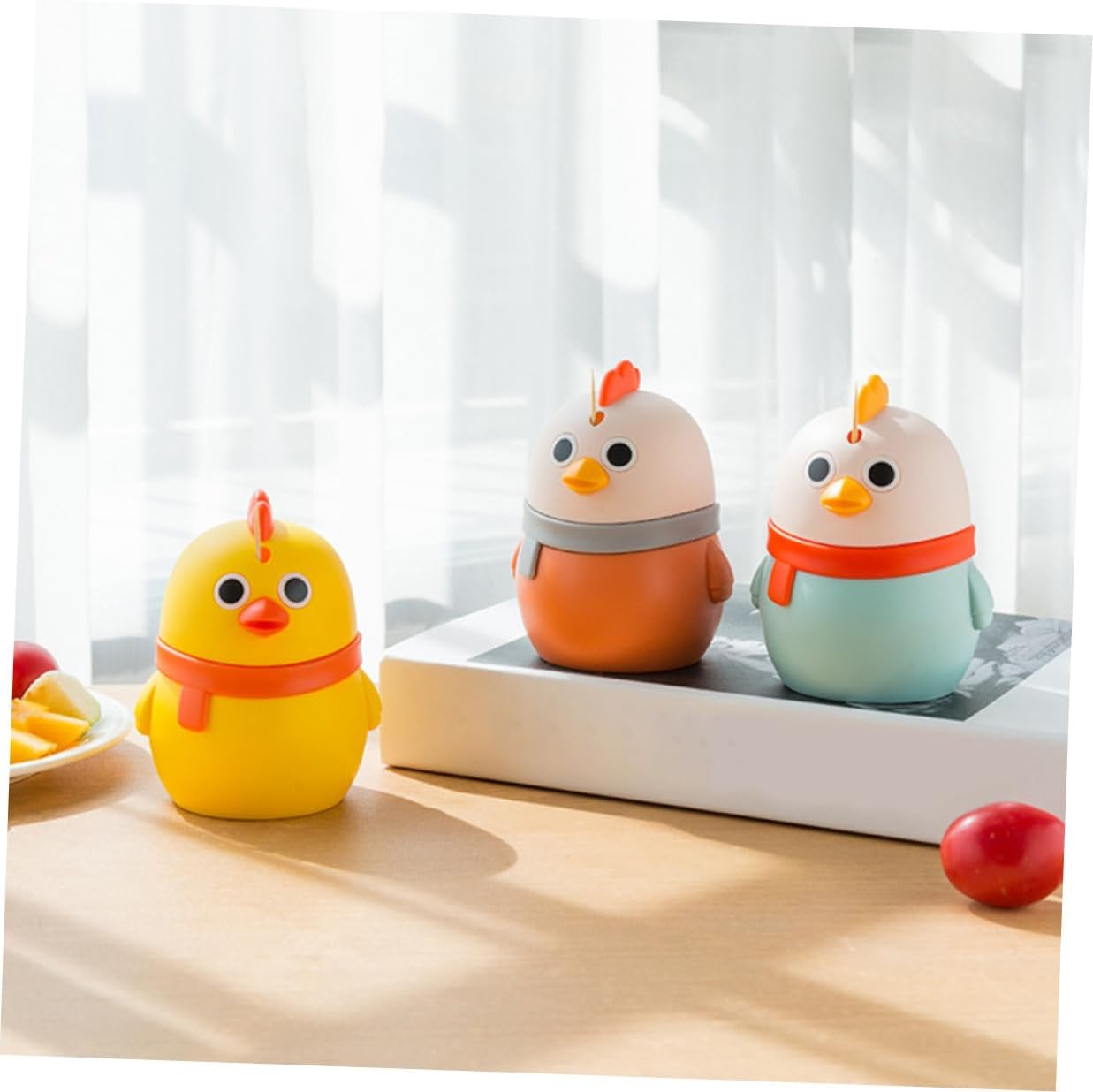 3pcs Press-type Cartoon Chicken Toothpick Holder Set, Plastic Desktop Toothpick Storage Box in Blue, Orange, and Yellow for Kitchen and Dining Table Use