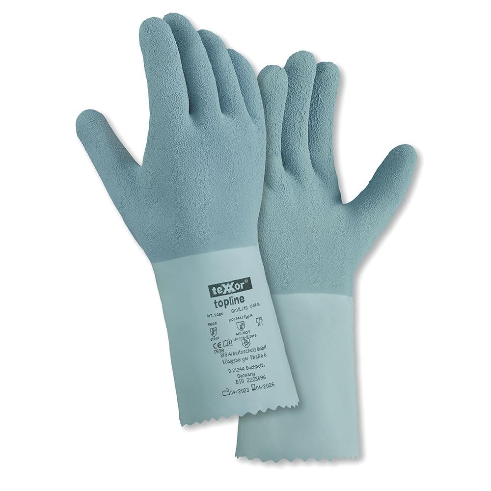 12 Stück teXXor teXXor® topline Chemikalienschutz-Handschuhe 2250, Naturlatex, Packung, hellblau, 9/L