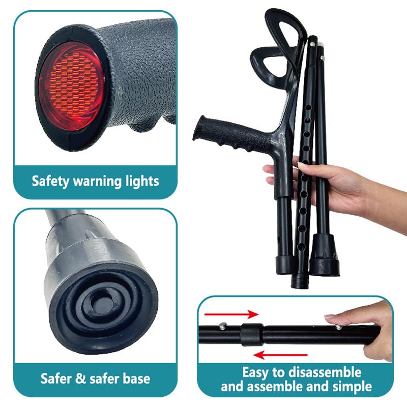 Béquilles pour adultes hommes (x2 unités, poignet ouvert), béquilles de coude pour femme, marche réglable, noir ou pliable