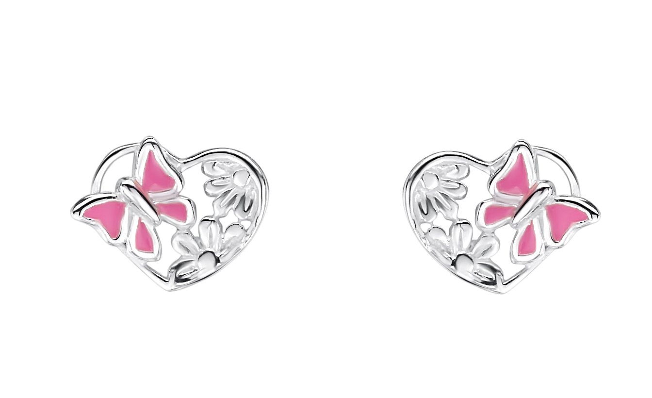 Jo for Girls Sterling Silver and Enamel Pink Butterfly Heart Stud Earrings