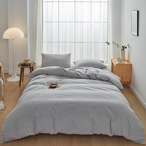 Miniatura 44 de FACE TWO FACE Juego de funda de edredón de 3 piezas, 100 % algodón lavado con textura parecida al lino transpirable duradero suave cómodo