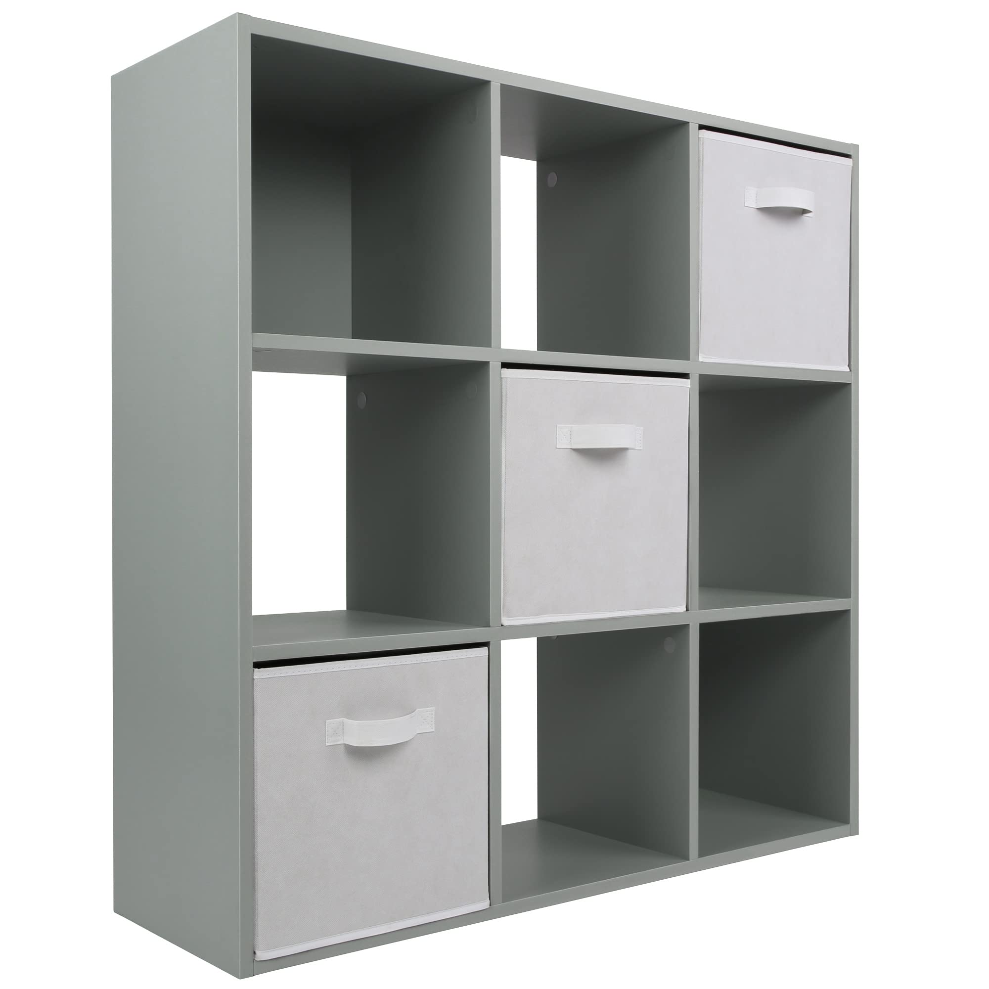 Charles Jacobs Grey 9 Cube Storage Shelving Unit + 3 White Fabric Drawers