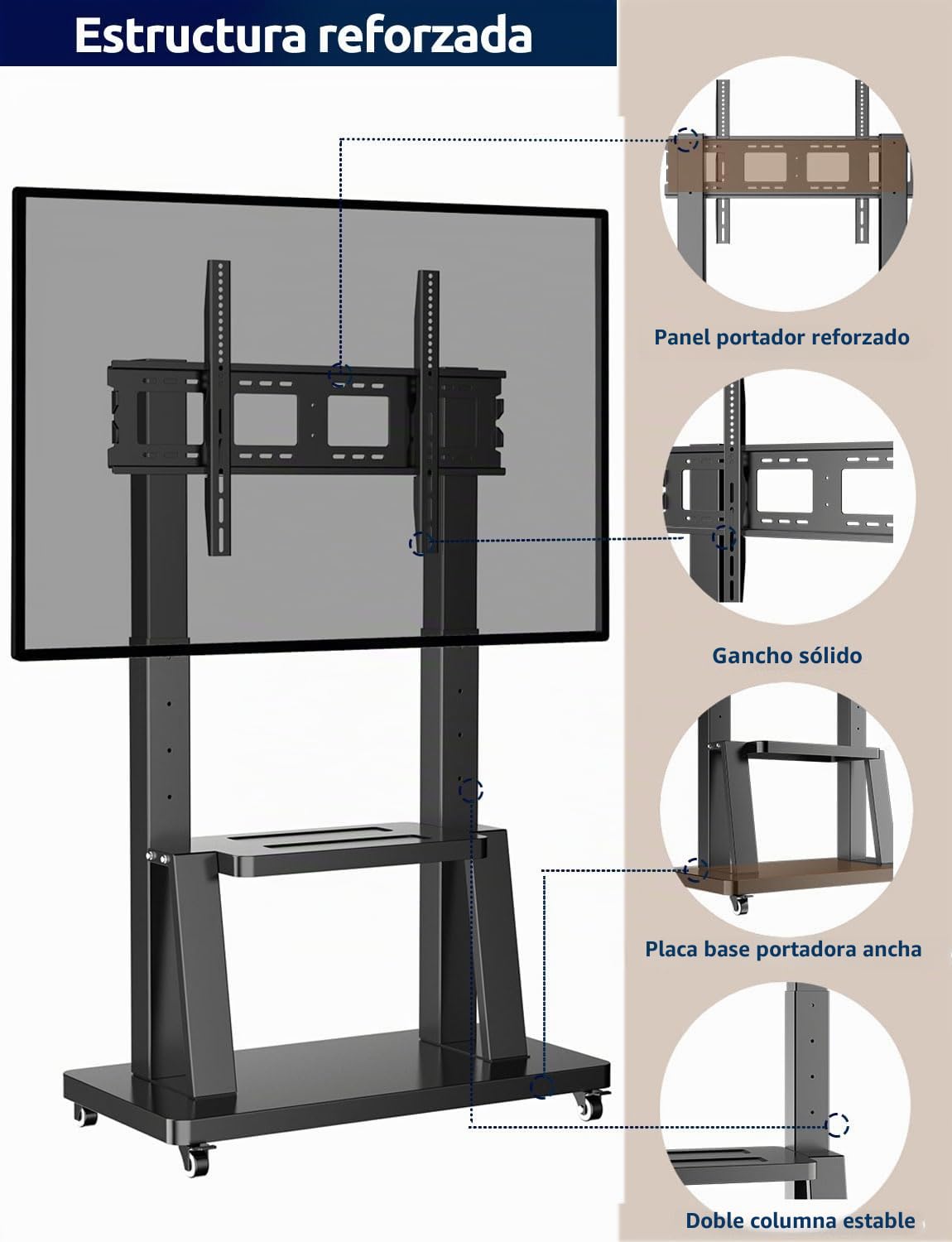 JXMSTWP - Soporte de TV con ruedas móviles para la mayoría de pantallas de 42 a 100 pulgadas, carrito de TV grande en altura ajustable con bandeja, VESA Max 900 x 600 mm, carga 80 kg, soporte para