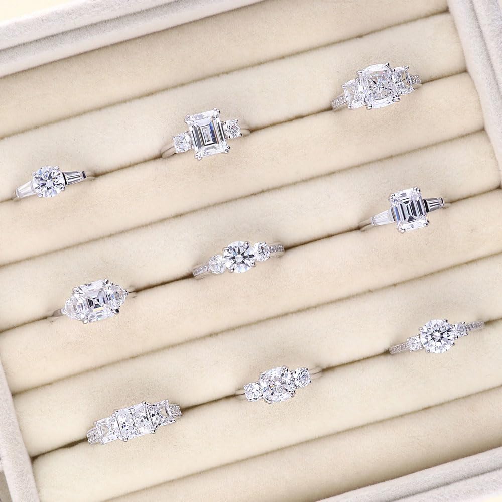 BERRICLE Sterling Silver Solitaire 3-Stone Promise Wedding Engagement Rings for Her, Cubic Zirconia CZ Ring - Emerald, Pear, Round Cut - Image 8