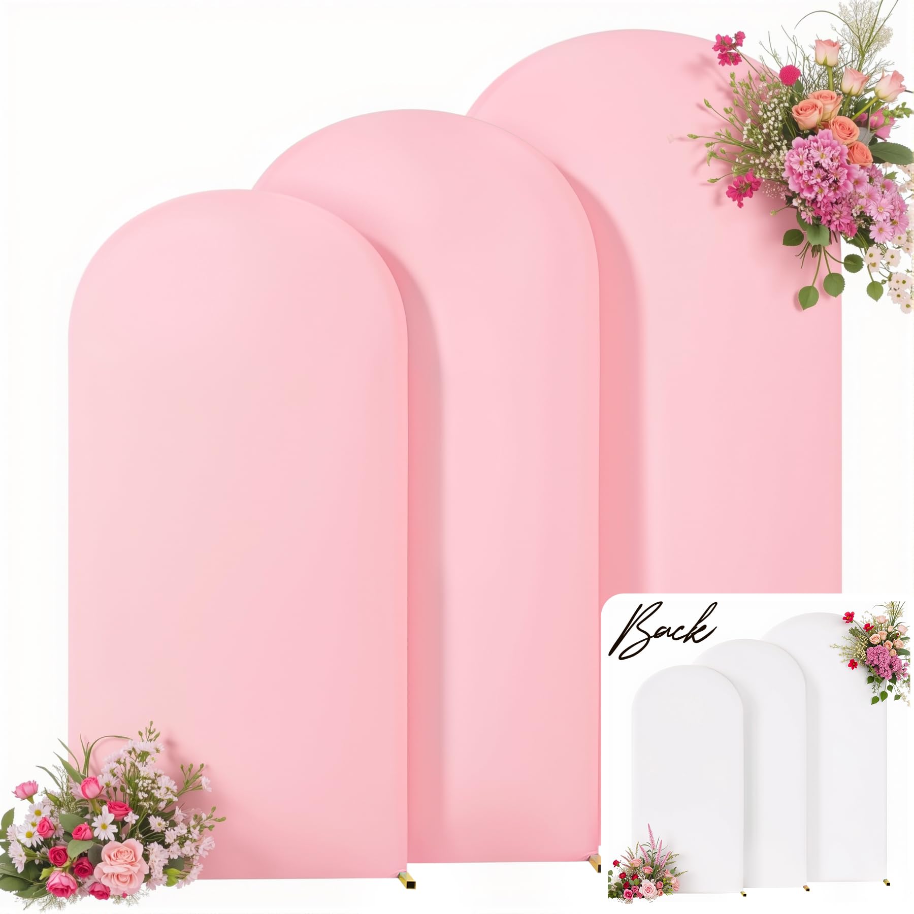 White and Pink Arch Backdrop Cover 7.2FT 6.6FT 6FT Arch Covers Stretchy Backdrop Set of 3, Wedding Arch Cover Spandex Fitted Double-Color Fabric Arch