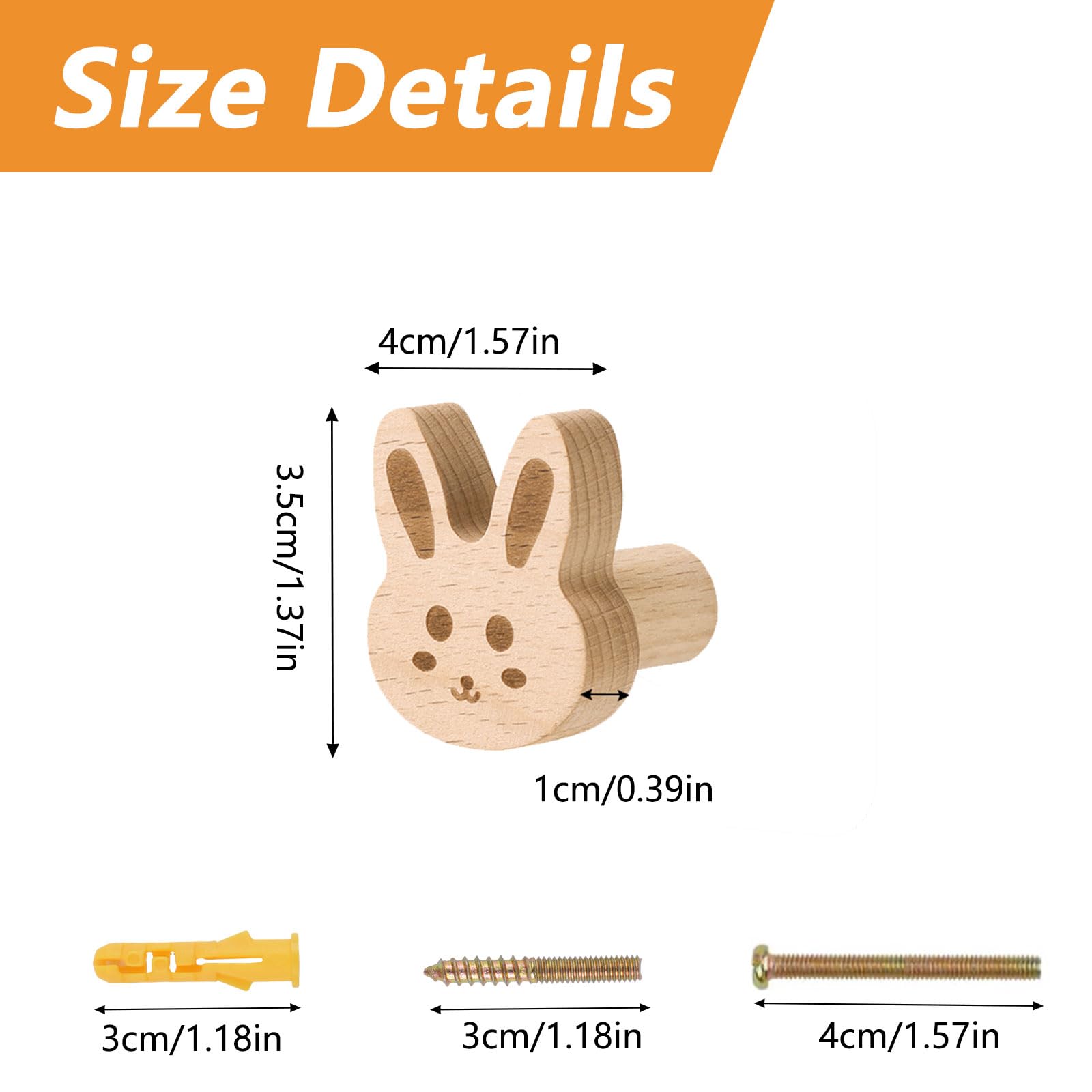 MOROBOR Pomelli decorativi unici in legno per cassetti, 6 pezzi, a forma di coniglio, con viti, per cameretta dei bambini, cucina, armadio, camera da letto, comodino