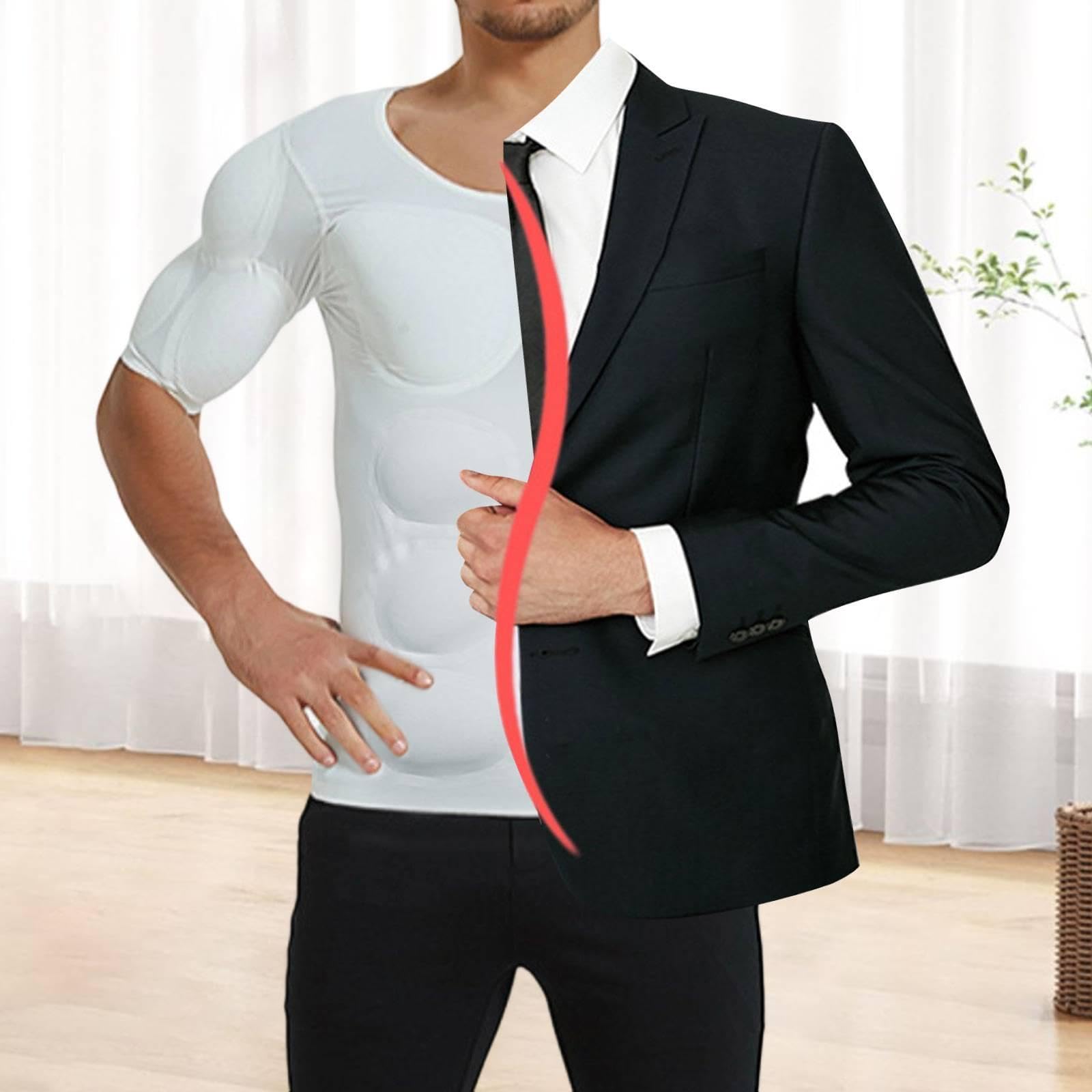 Milageto Camiseta con músculos falsos para hombre, divertida camiseta con músculos acolchados para interiores y exteriores, Abdominales de Manga Corta, S