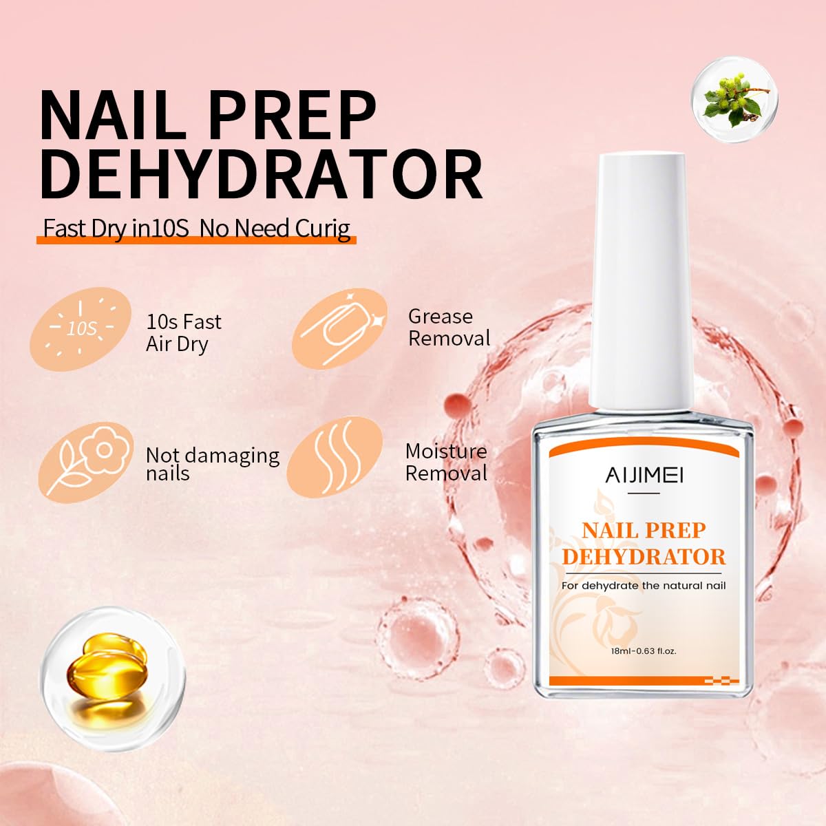Nail Dehydrator Professional Acid Free Natural Prep Dehydrate Acrylic Supplies Nail Prep Dehydrator For Acrylic And Gel Polish (18ml/0.63fl.oz)