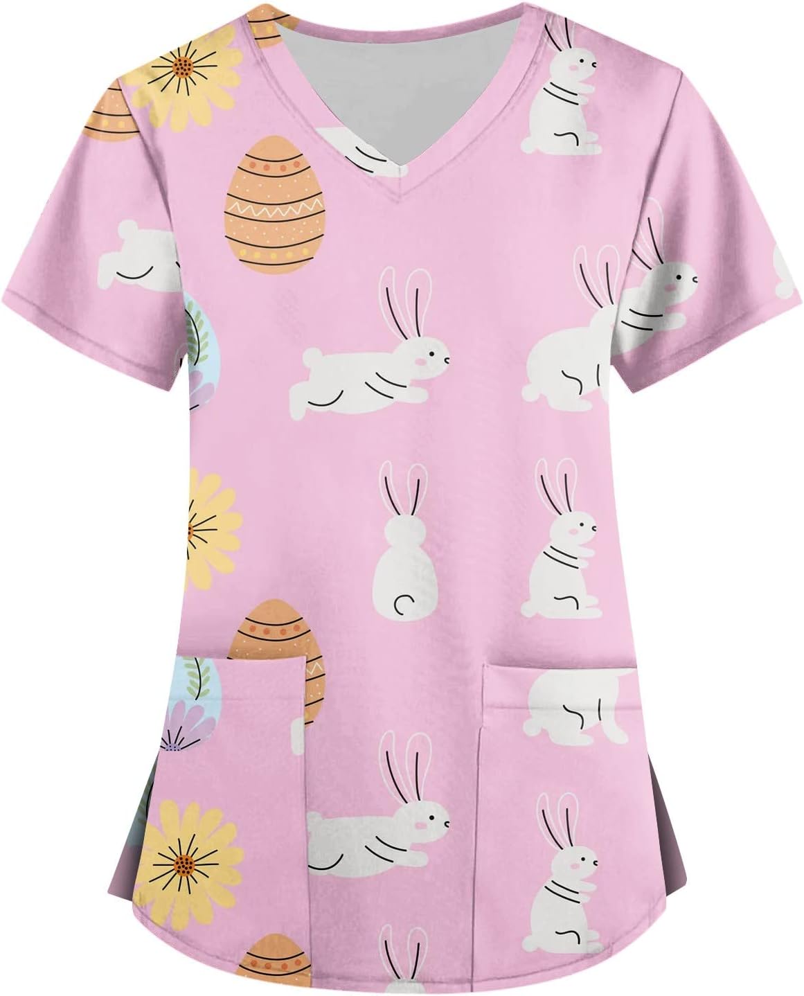 Easter Scrub Top Women 2024 Spring Cute Bunny Egg Hunt Print Short Sleeve V Neck Nurse Shirt Holiday Work Uniform