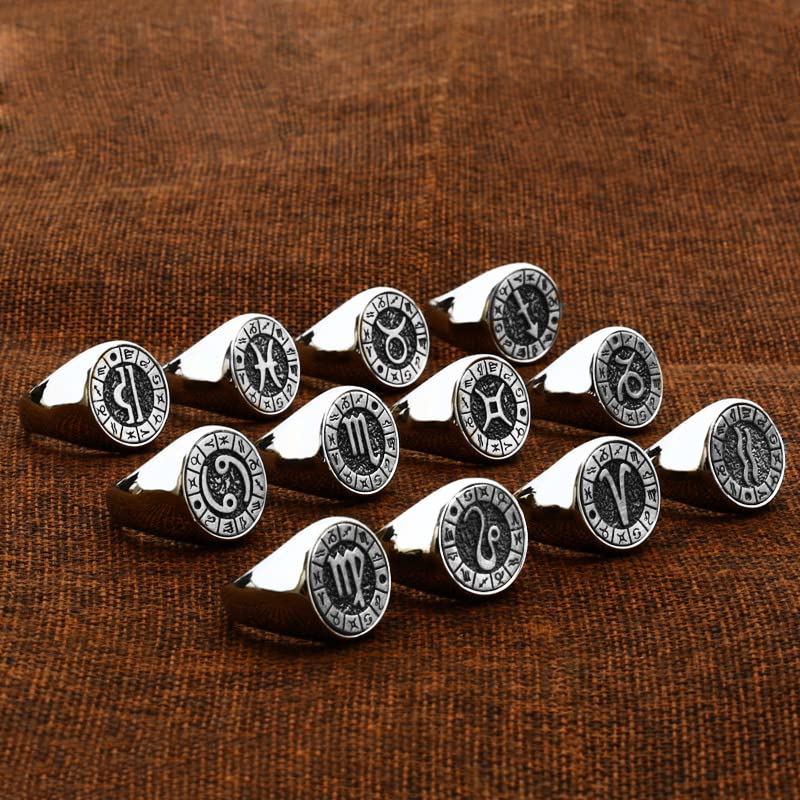 Unisex Stainless Steel Simple 12 Constellation Zodiac Signet Ring Horoscope Astrology3