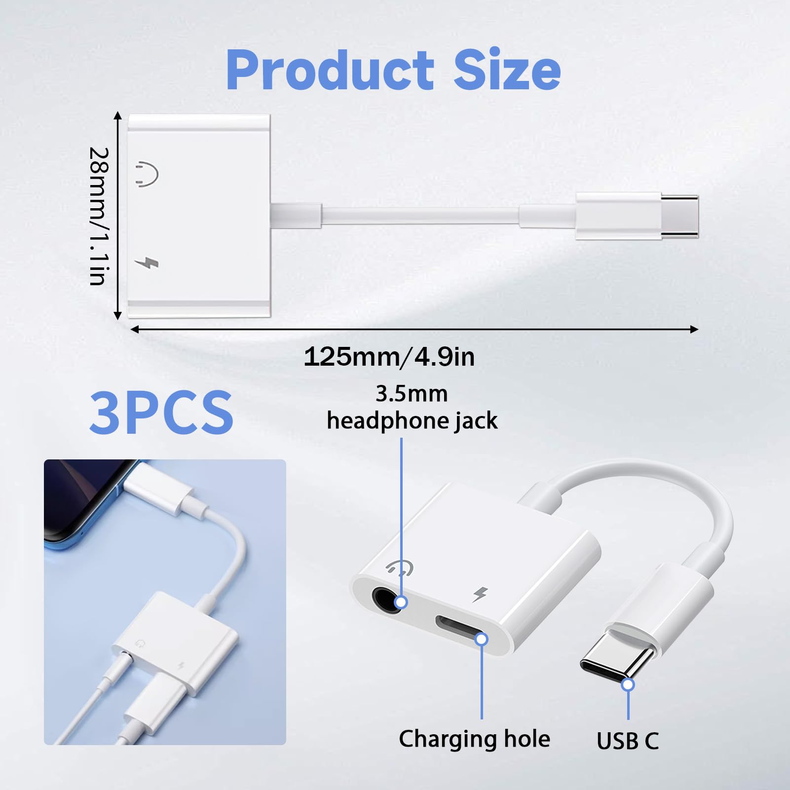 Adaptador USB C a 3.5 mm para auriculares y cargador, 2 en 1 tipo C a Jack Aux Dongle cable con carga rápida PD para iPhone 15/16 Plus/Pro/Max iPad Galaxy S22/S23/S24 Ultra Pixel (3)