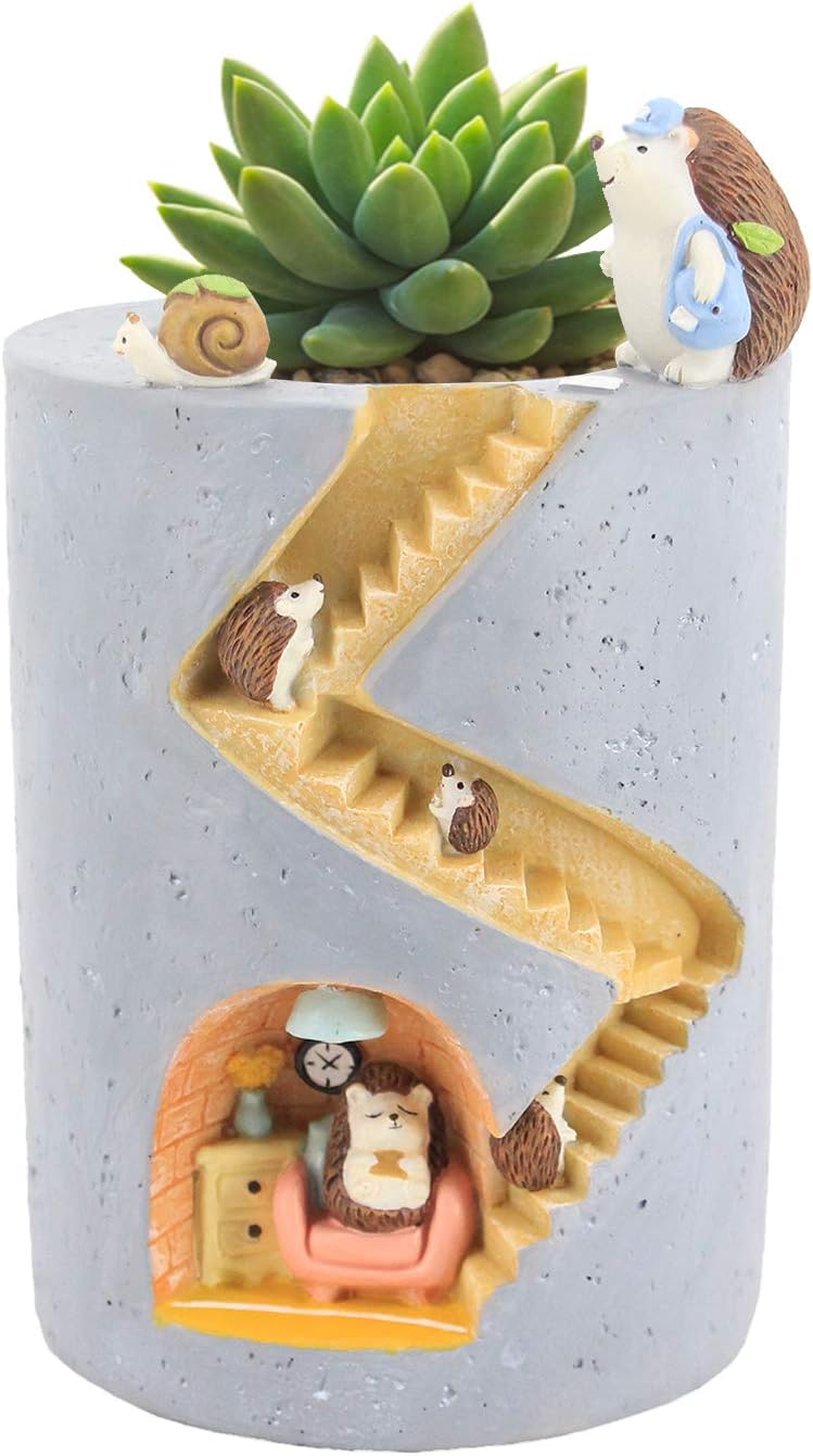 SegretoCreative Plants Flower Pots Brush Pots Ornaments for Succulent Plants Pot Decorated Desk,Garden,Living Room with Sweet Hedgehog Family