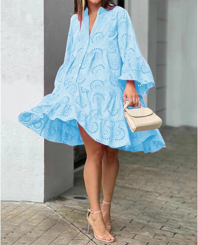 ZOCANIA Women's Lace Hollow Dress V Neck Floral Eyelet Embroidery Long Sleeve Button A Line Short Beach Party Dresses