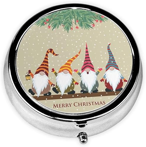 Mini pastillero redondo con estampado de gnomos de Navidad, pastillero pequeño, pastillero, organizador de pastillas, estuche portátil para
