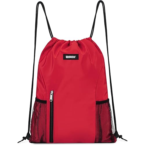 WANDF Drawstring Backpack Sports Gym Sackpack with Mesh Pockets Water Resistant String Bag for Women Men (Red)
