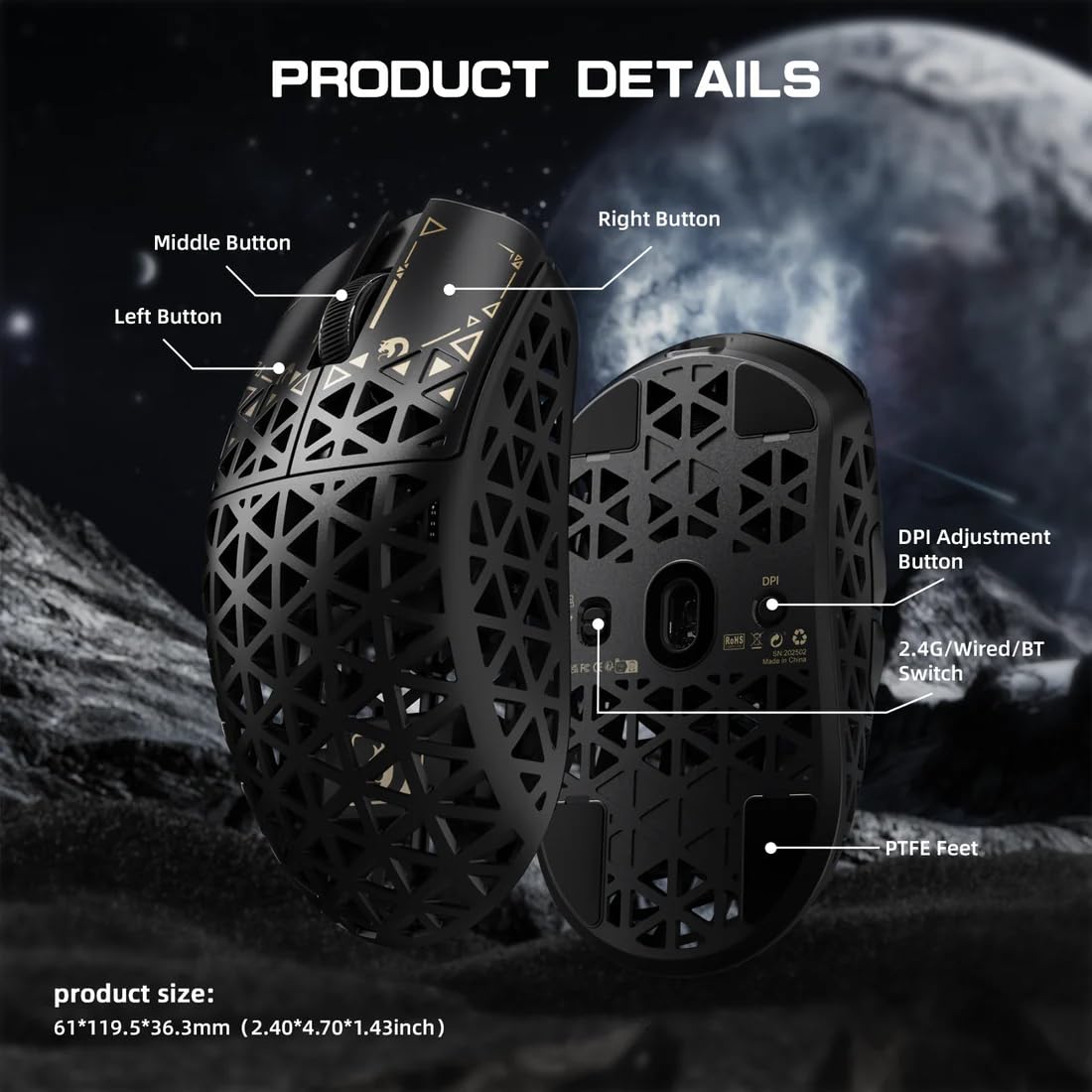 MAMBASNAKE M5 Ultra Carbon Fiber 8000Hz Wireless Gaming Mouse, 39g SUPERLIGHT, 42000DPI, PAW3950MAX Sensor, Nordic 52840 Chip, Bluetooth/2.4G/USB-C Wired Mice with Mouse Coiled Cable, for PC/Mac