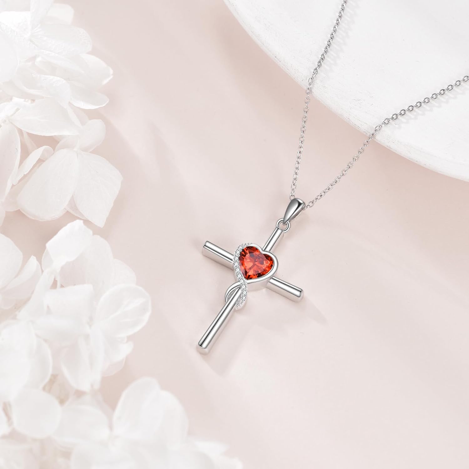 S925 Sterling Silver Cross Necklace for Women Birthstone Necklace Heart Infinity Cross Pendant Necklace Christmas Valentines Day Gifts Birthday Holiday Gifts for Her, 18"+2" Inches - Image 4