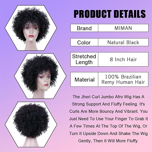 Miniatura 2 de MIMAN Pelucas afro cortas para mujeres negras, peluca de cabello humano rizado negro natural, pelucas de repuesto de cabello de los años 60 y 70