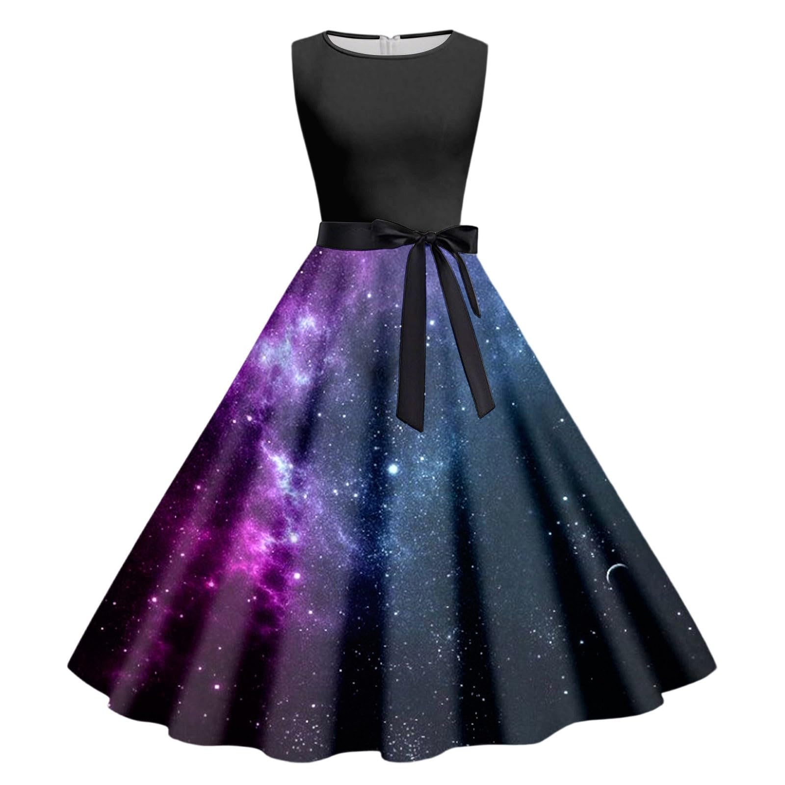 Zanisouta Galaxy Costume Women's Colourful Cocktail Dress Galaxy Dress Long Space Planets Round Neck Swing Skirt Carnival Starry Sky Short Sleeve Dress Space Digital Print Glitter Dress, S Navy, L โ image 1