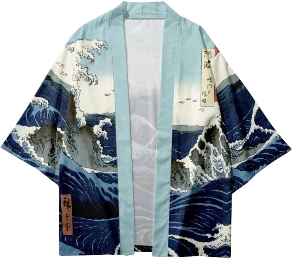 Traditional Japanese Kimono Cardigan Jackets Casual Coat Seven Sleeves and Open Front Lightweight Yukata Outwear Streetwear for Men and Women