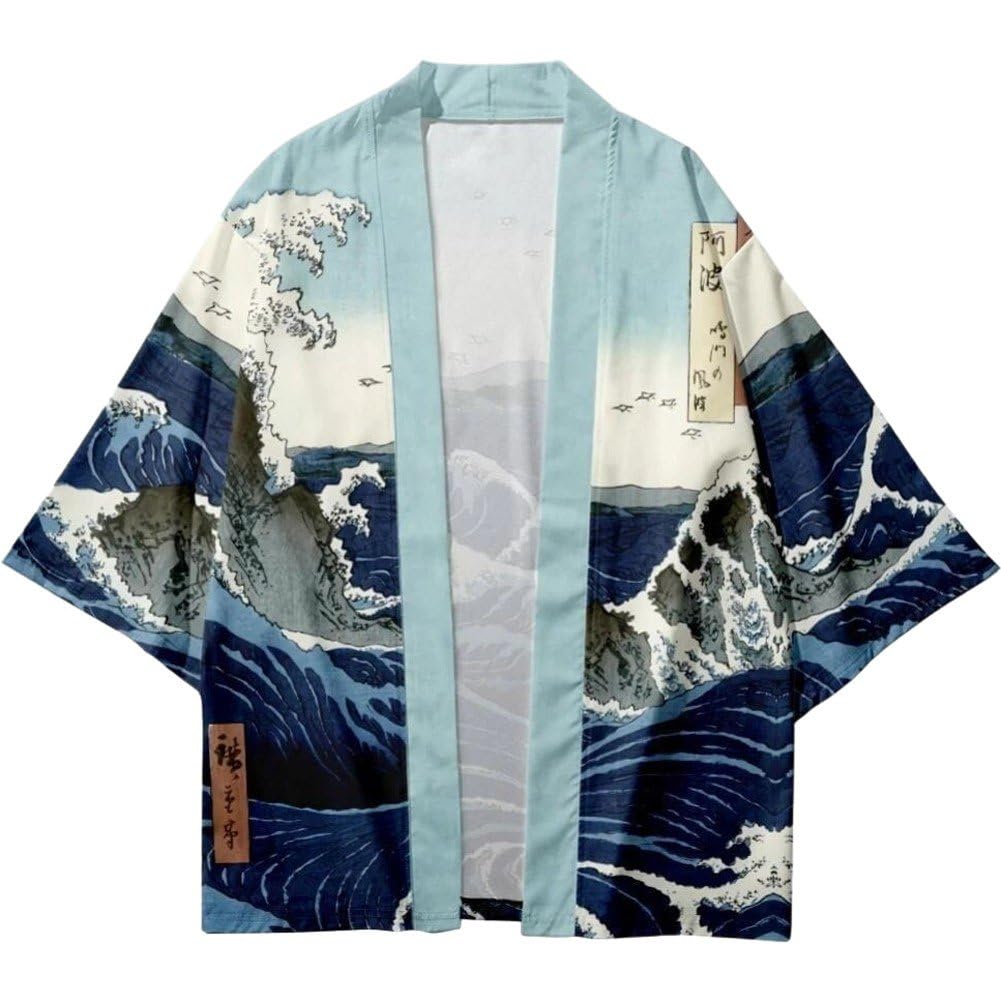 Lpitoy Traditional Japanese Kimono Cardigan Jackets Casual Seven Sleeves Open Front Coat Lightweight Yukata Outwear Streetwear for Men Women