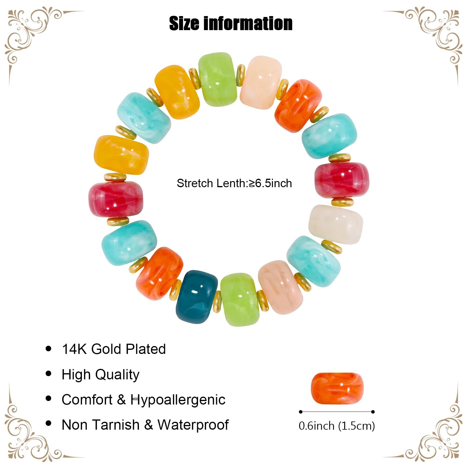 Braccialetto con perline grosse da donna, multicolore, con grandi perline in resina acrilica, elastico e allungabile, braccialetti alla moda e di tendenza, gioielli boho per vacanze estive al mare.