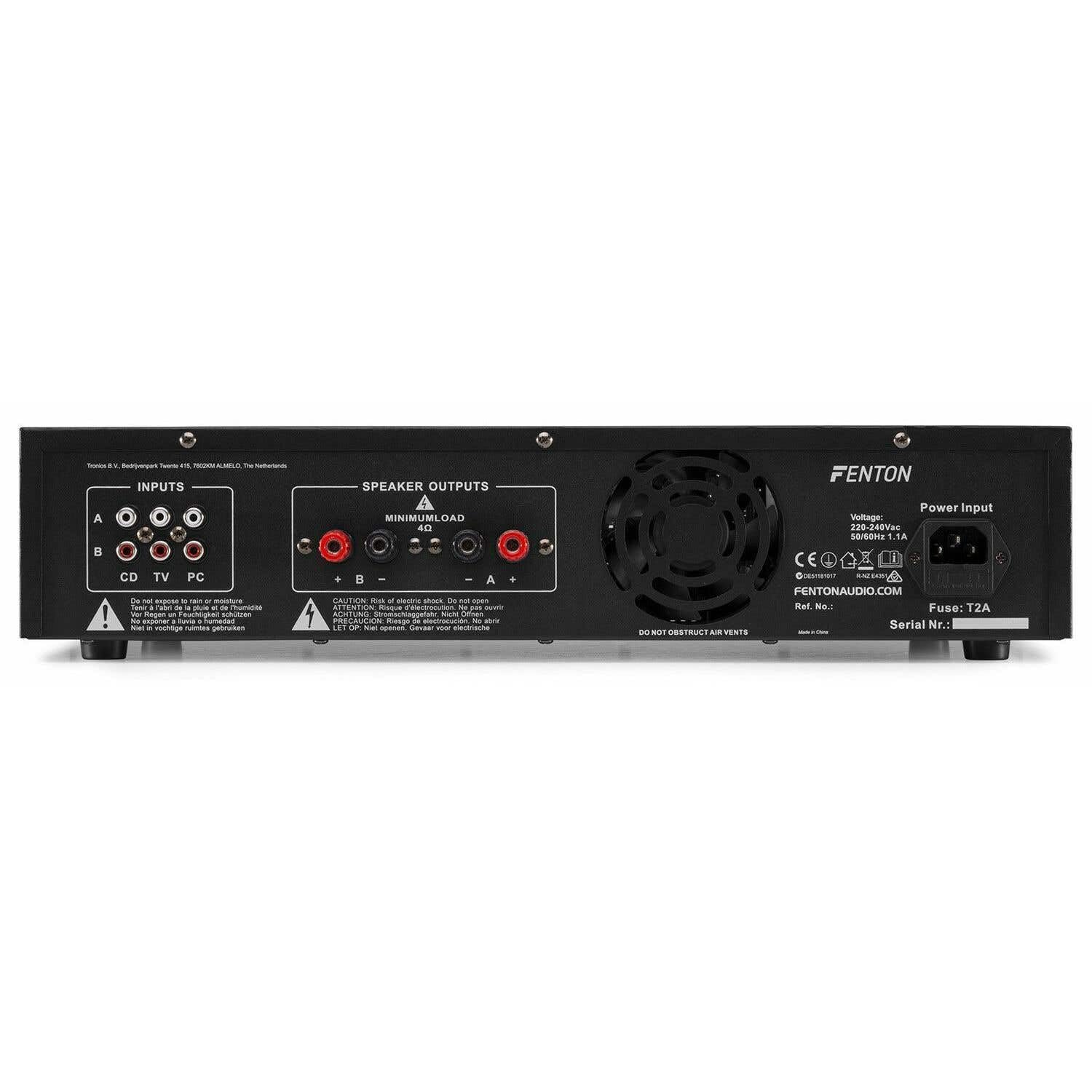 Fenton FPL1000 Amplificador PA Digital 1000 W, Etapa de Potencia de 3 Canales Con Bluetooth, AUX, USB, Reproductor MP3, Multicanal, Negro