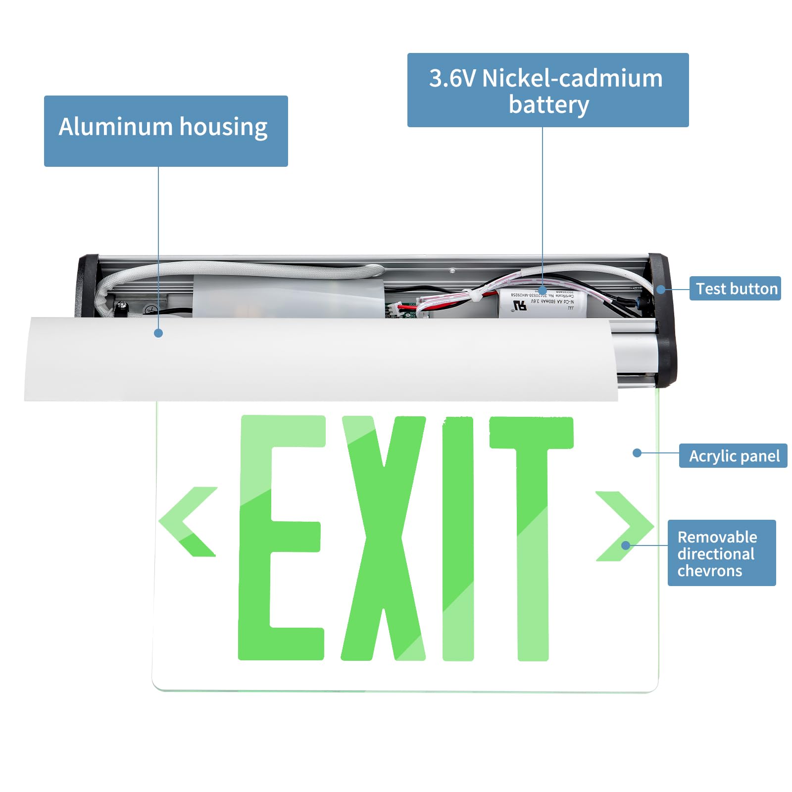 TANLUX Señales de salida verdes para negocios, señal de salida LED con borde iluminado, UL 924, luces de salida de emergencia cableadas con batería de respaldo, carcasa de aluminio con panel
