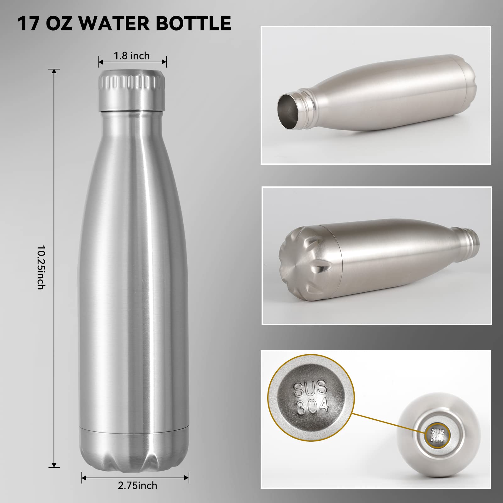 VEGOND Botellas de agua de acero inoxidable de 17 onzas a granel, botella de agua deportiva de metal reutilizable que mantiene la bebida caliente y fría, sin BPA, doble pared al vacío, botellas de