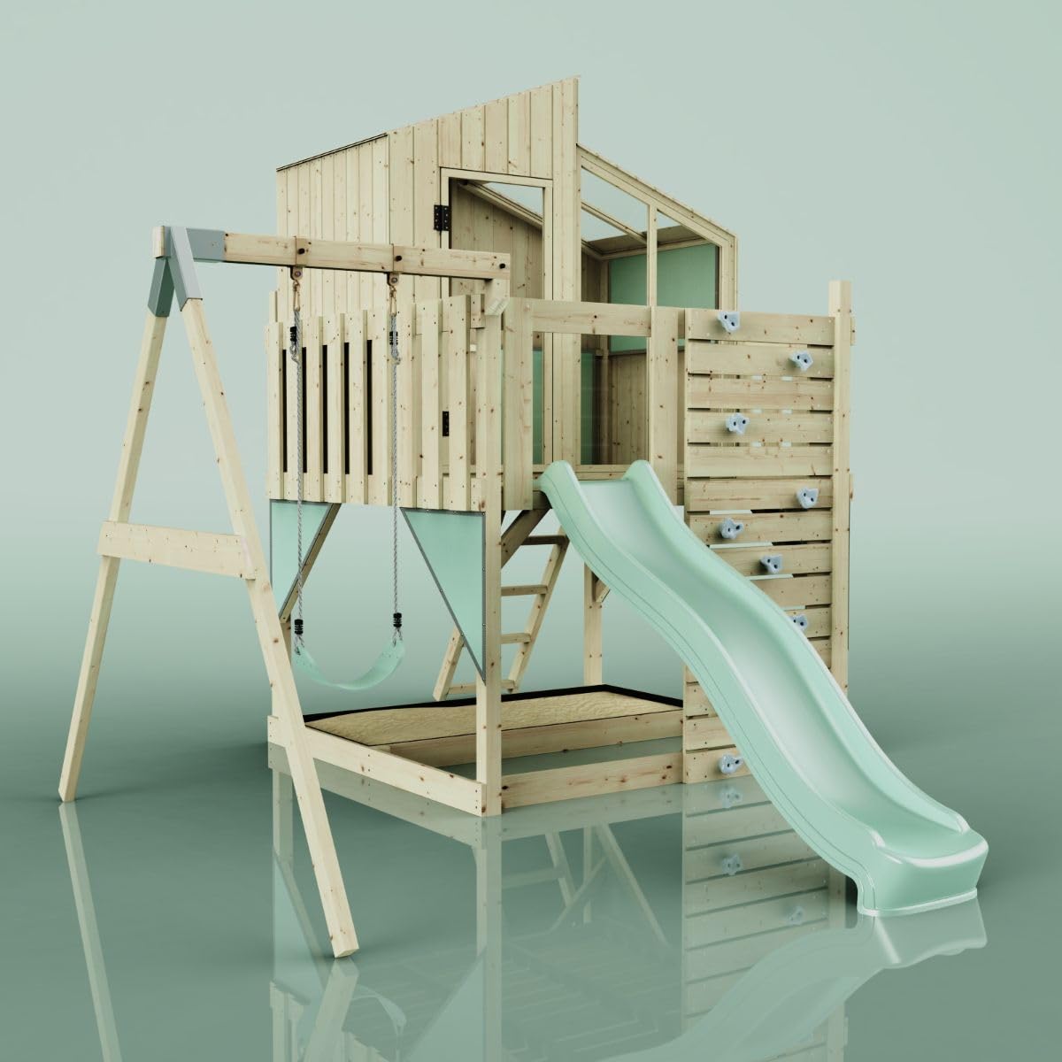 Rebo Spielturm mit Spielhaus inkl. Wellenrutsche, Outdoor Klettergerüst Garten, Kletterwand und Kletterleiter,Mintgrün