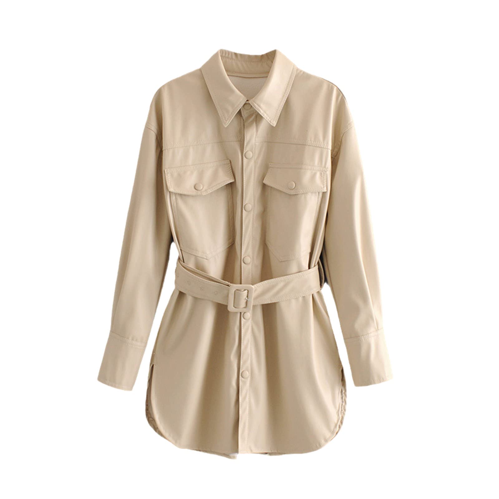 Giacche in ecopelle da donna con fascia in PU cappotto rovesciato collare giacca solida con velluto High Street autunno primavera, Beige, S