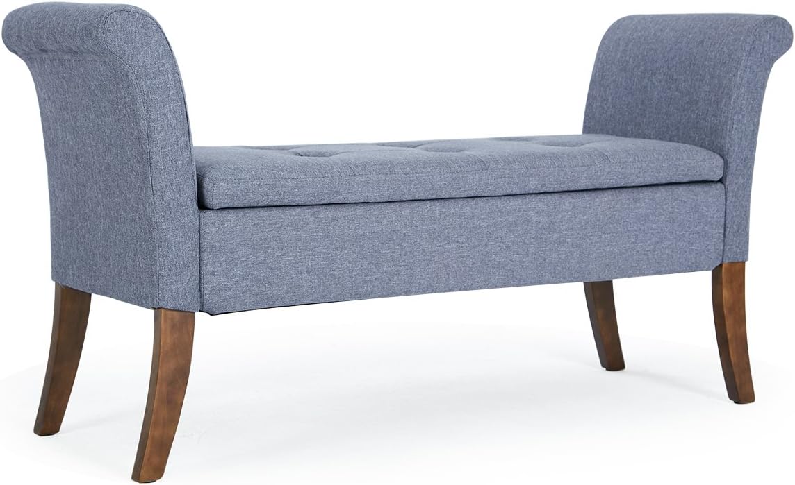 BELLEZE Modern 50 Inch Tufted Storage Ottoman Bench, Cushioned Settee Upholstered Window Sofa Couch Lounge Seat, Fireplace Furniture, Rolled with Arms & Wood Legs - Bradley (Gray)