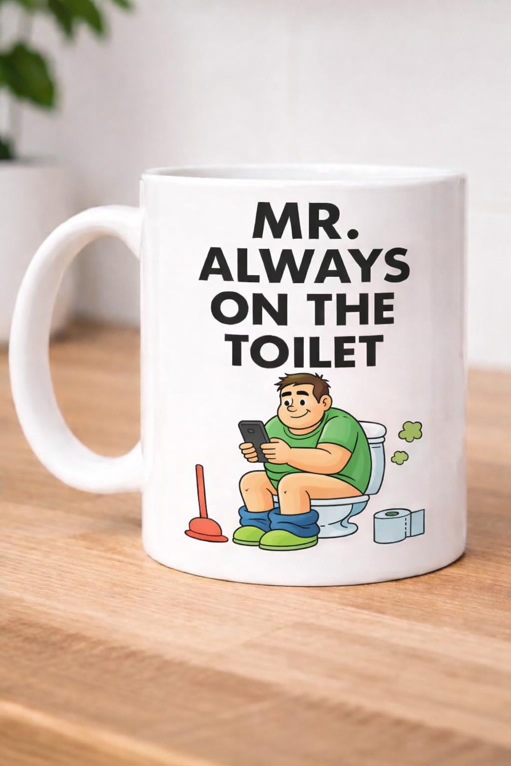 Trendi Funny Toilet Mug for Men – “Mr. Always On The Toilet” Coffee Cup with Cartoon Design – Humorous Gift for Husband, Dad, Boyfriend, Coworker – 11 oz White Ceramic Mug