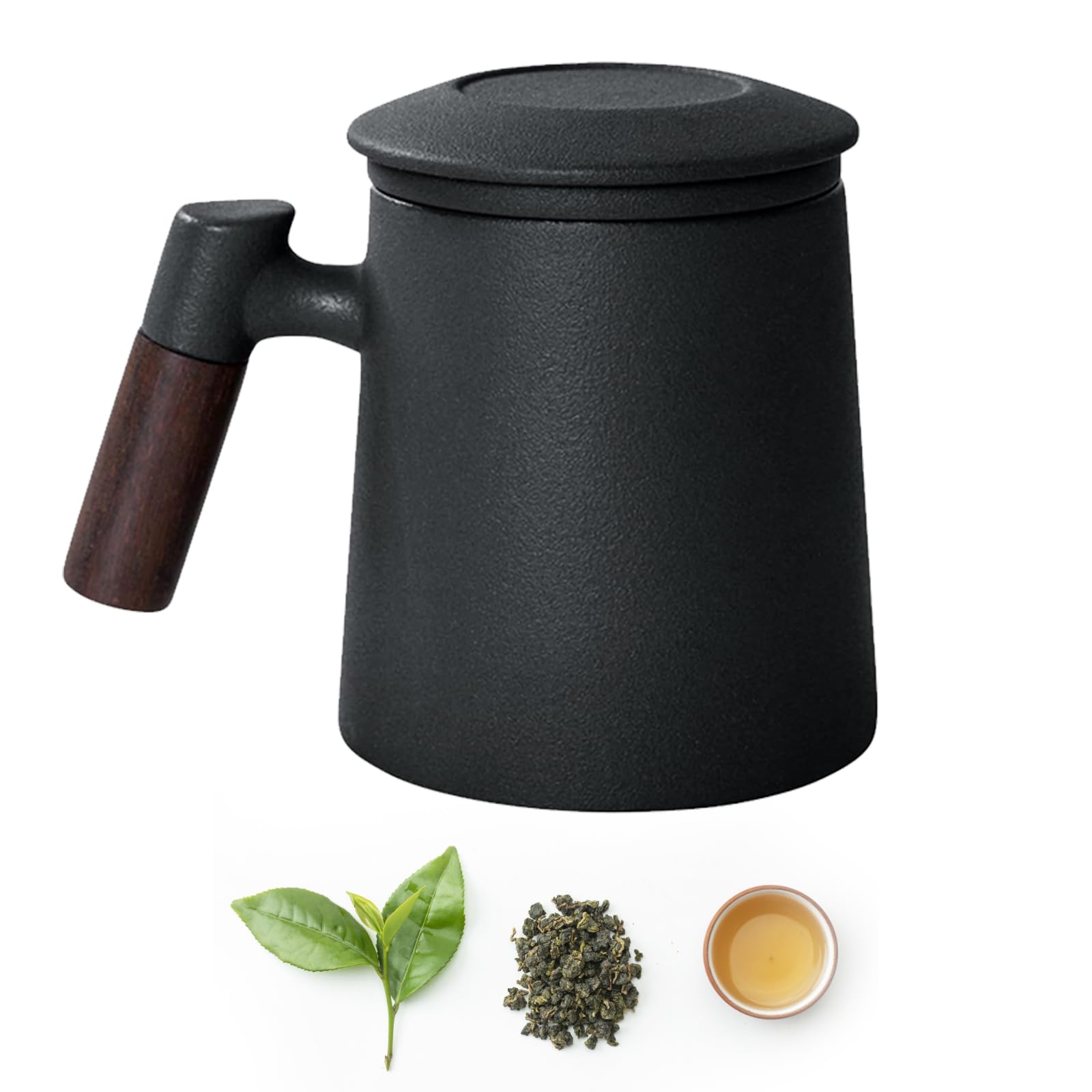 Taza de Te con Filtro y Tapa,400ml Taza de Té Infusiones Con Tapa y Filtro,Taza de Té de con Mango de Madera,Tazas de Té para Preparar Café u Hojas deTé,Taza Infusiones Para Familiar Oficina(negro)