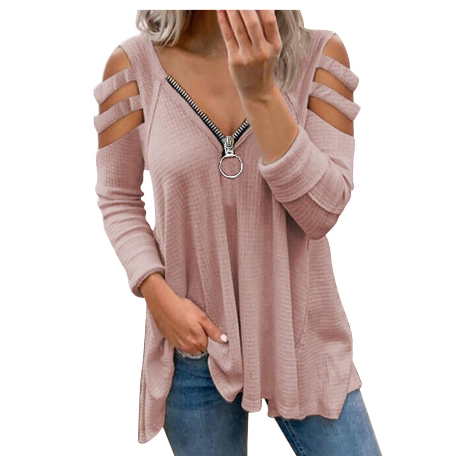 Bukinie Sexy Off Shoulder Tops For Women Long Sleeve Zipper