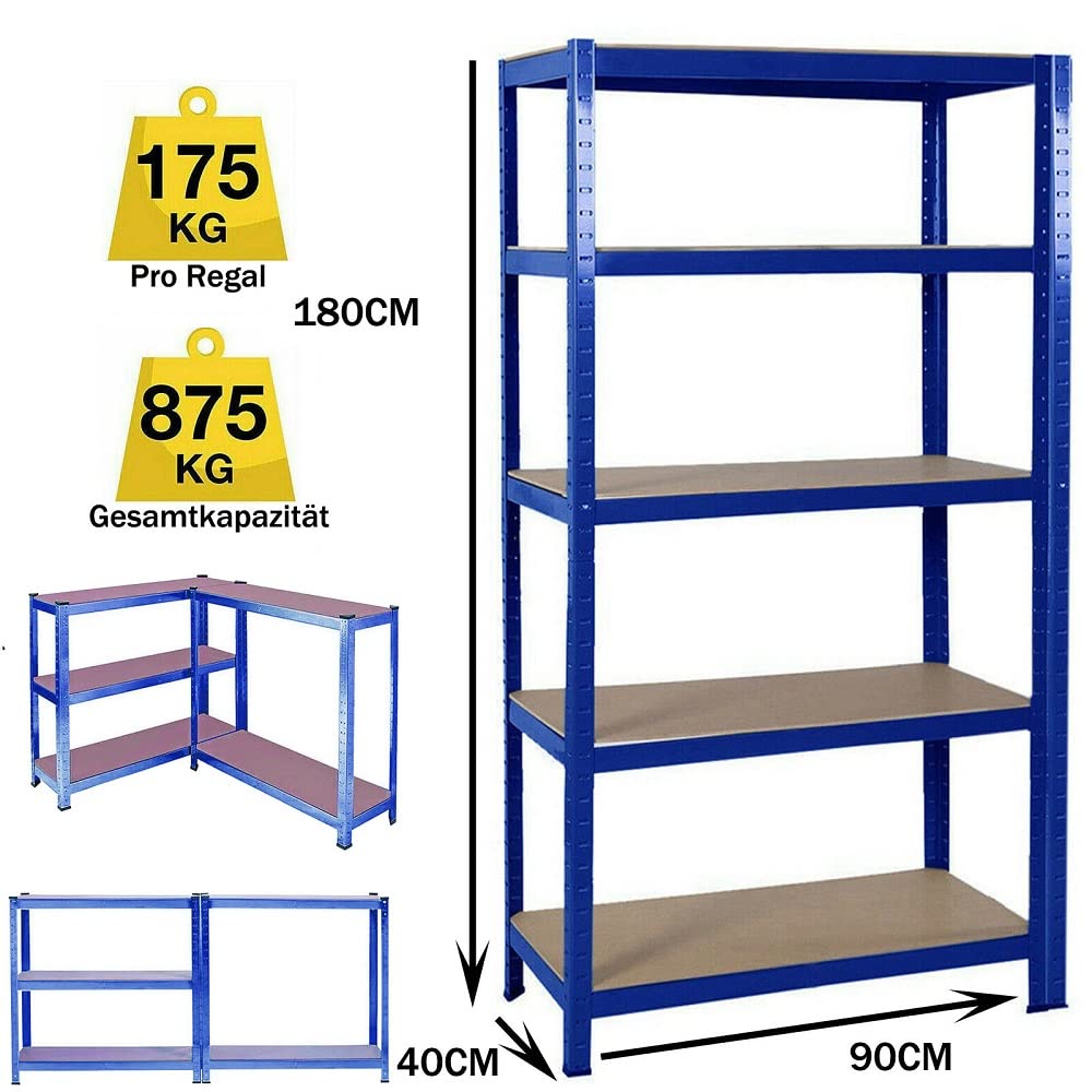 Blue Heavy-Du 5-poziomowy stalowy stojak do regałów, 180 cm x 90 cm x 40 cm, pojemność 875 kg, 175 kg na półkę, 5-letnia , idealny do Ga i Warehouse Sto