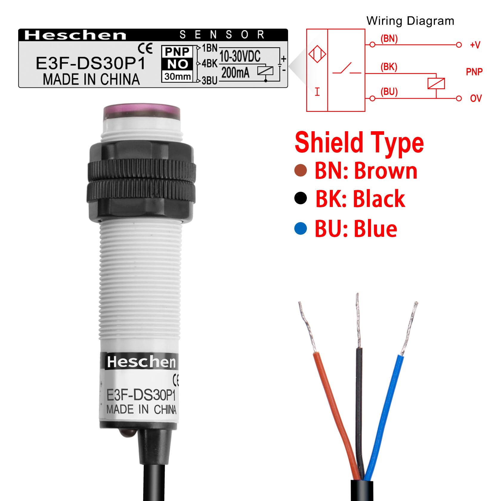 Heschen Interruttore di prossimità fotoelettrico a infrarossi a colonna M18, tipo di riflessione diffusa E3F-DS30P3, 10-30CM, 10-30VDC 200mA, PNP NO NC, 4 fili Heschen Interruttore di prossimità fotoelettrico a infrarossi a colonna M18, tipo di riflessione diffusa E3F-DS30P3, 10-30CM, 10-30VDC 200mA, PNP NO NC, 4 fili