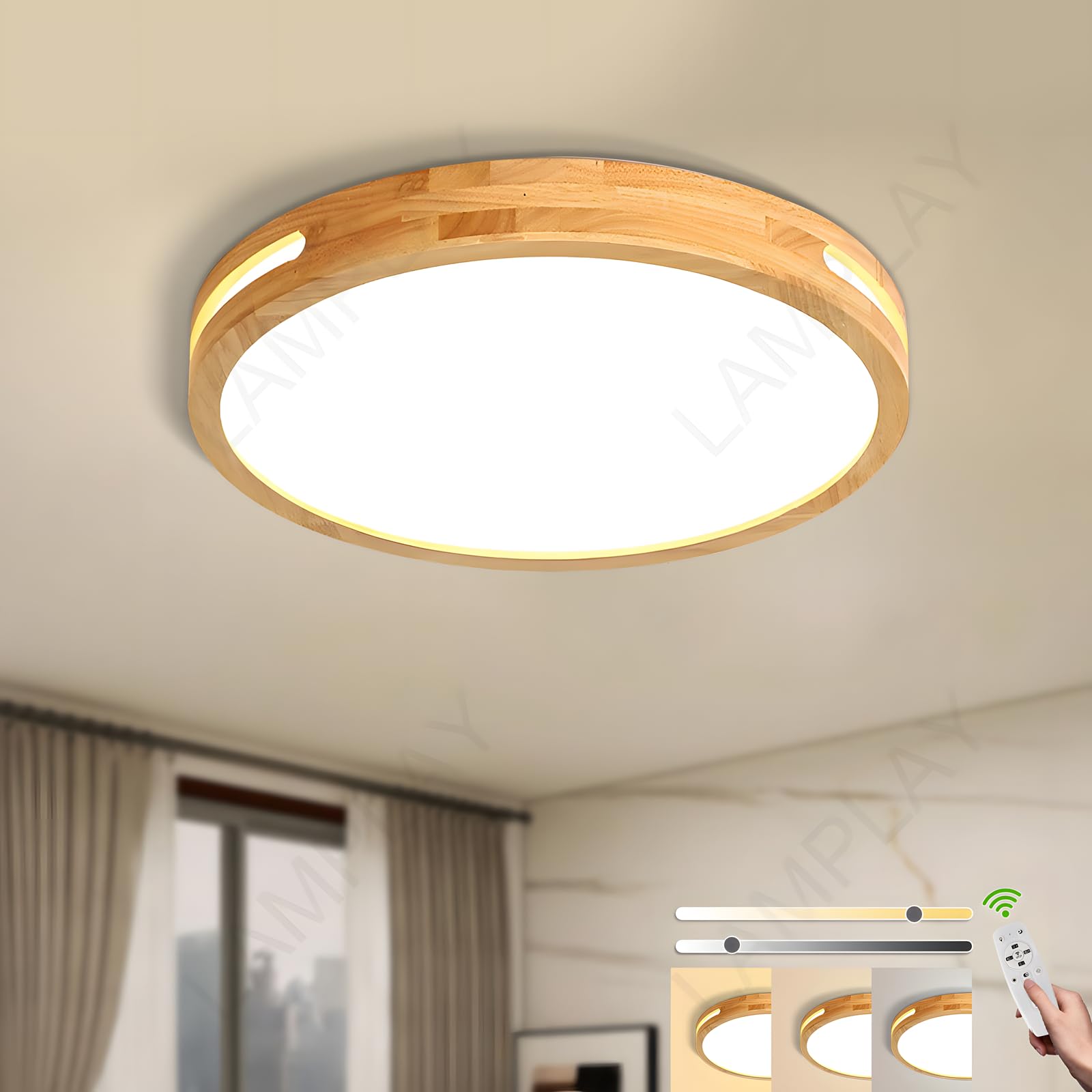 Lámpara De Techo Redonda De Madera, Ø40cm, Lámpara LED Regulable, Madera Natural Original, Control Remoto, 3000K-6000K, 30W, Diseño Hueco Lateral, Ideal Para Dormitorio Sala De Estar Estudio