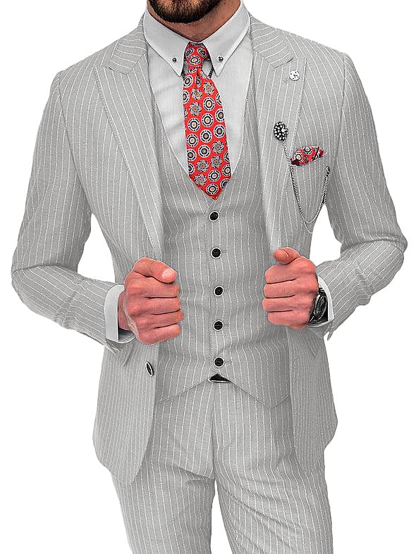 Men's Pinstripe Suit 3 Piece Classic Fit Slim Fit Suit Tuxedo Jacket Vest Pants Casual Suit for Business Wedding Suit