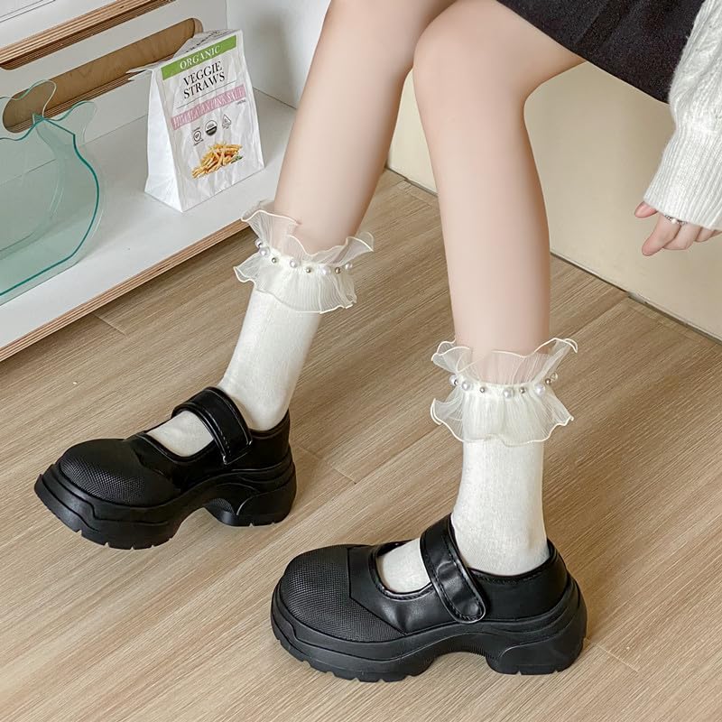 Image of CAT KO 2 Pairs Women Ankle Socks Lace Ruffle Frilly Pearl Soft Cotton Princess Girls socks for Lolita