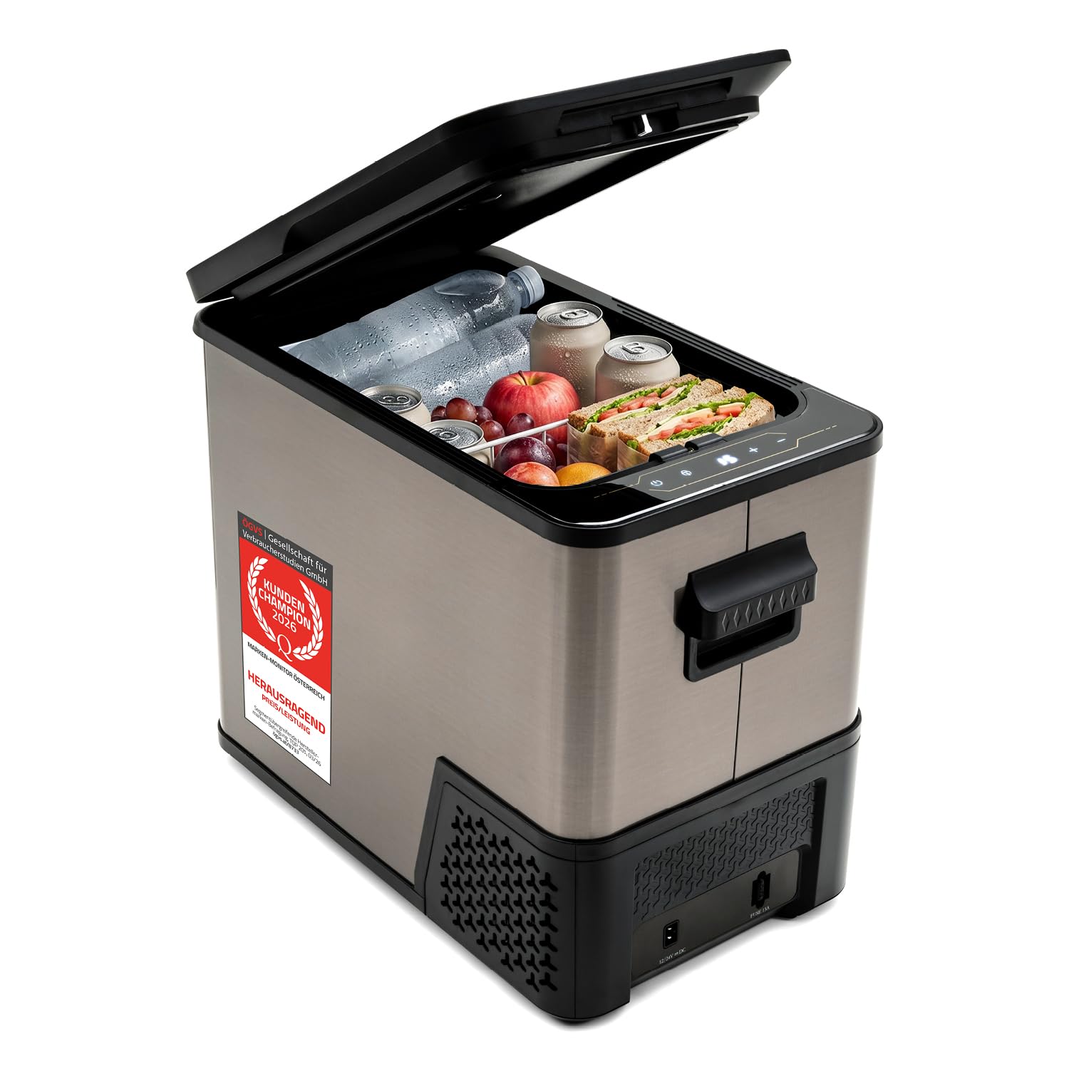 TZS First Austria Kompressor-Kühlbox 38L - bis -20°C - 41 dB - 12V 24V 230V - Anti-Fingerprint - für Auto Camping Reise - Dark Steel