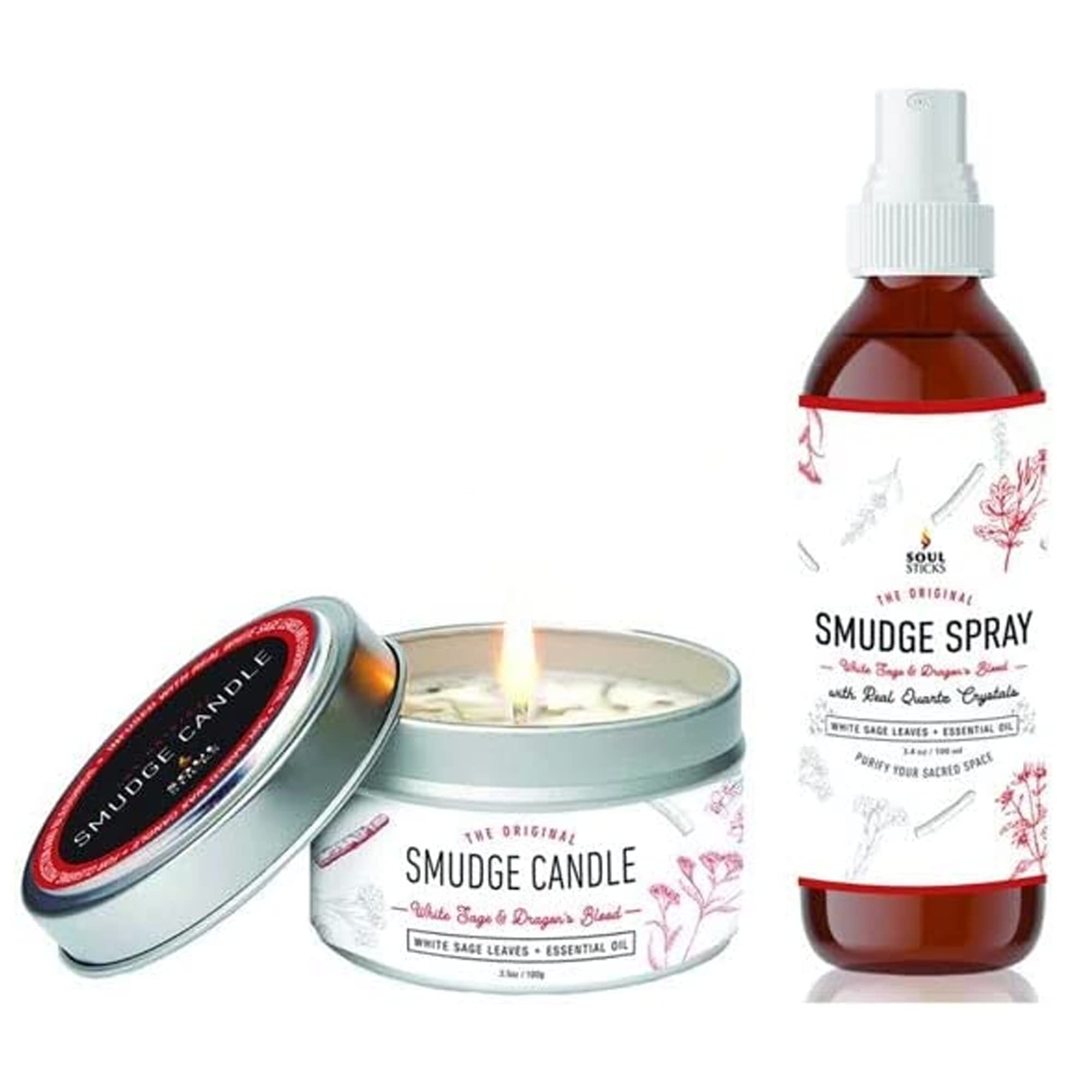 Soul Sticks 2 Piece Smudge Kit Set Bundle | Smudge Candle & Smudge Spray for Cleansing, Meditation, Healing, Aromatherapy (White Sage & Dragon's Blood)