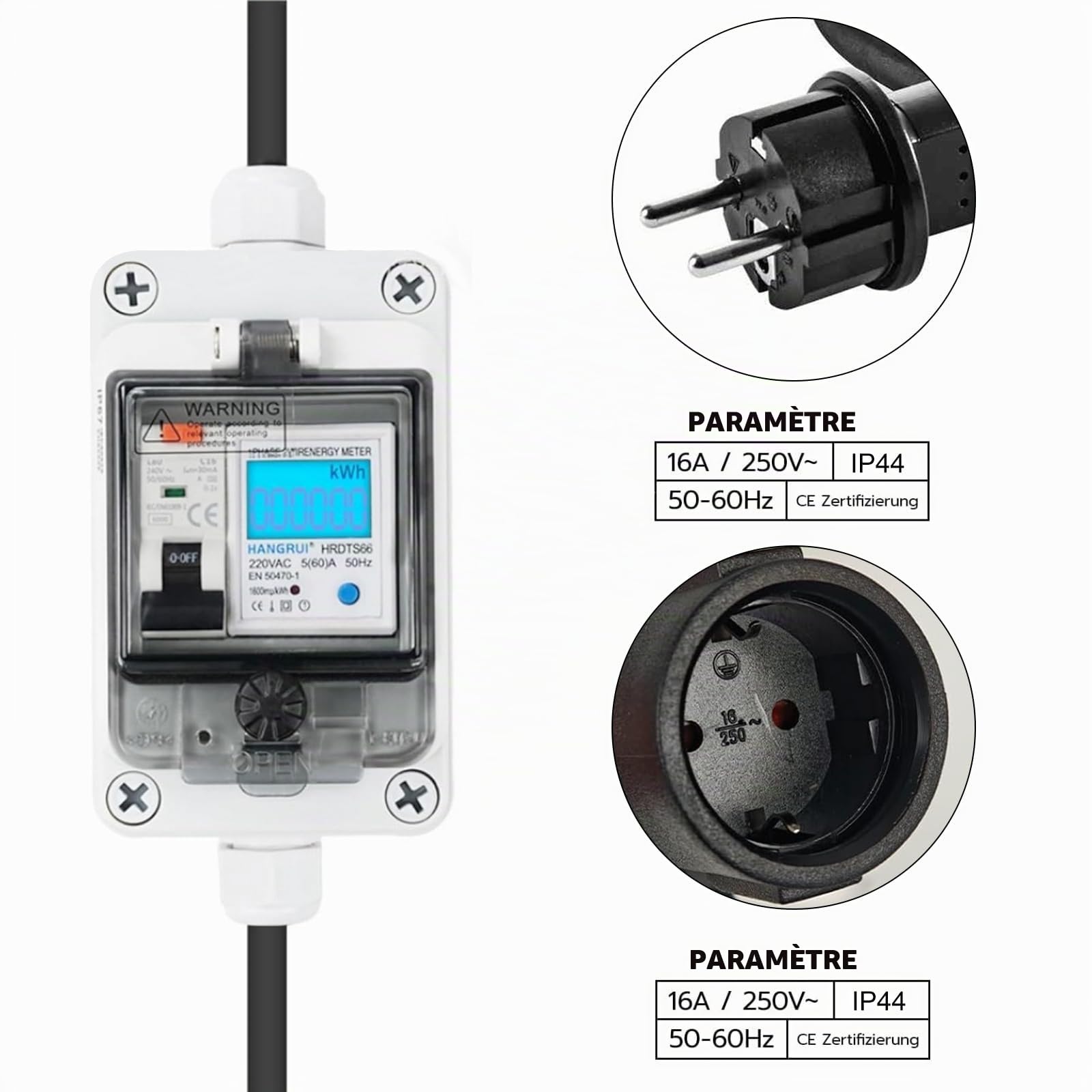 Compteur Electrique Numérique Mobile: 220v Compteur D'énergie Numérique Mobile Avec Prise Schuko, Fonction Mémoire De Coupure De Courant, Mobiles Extérieur Kwh Wattmetre Prise Pour Appareils