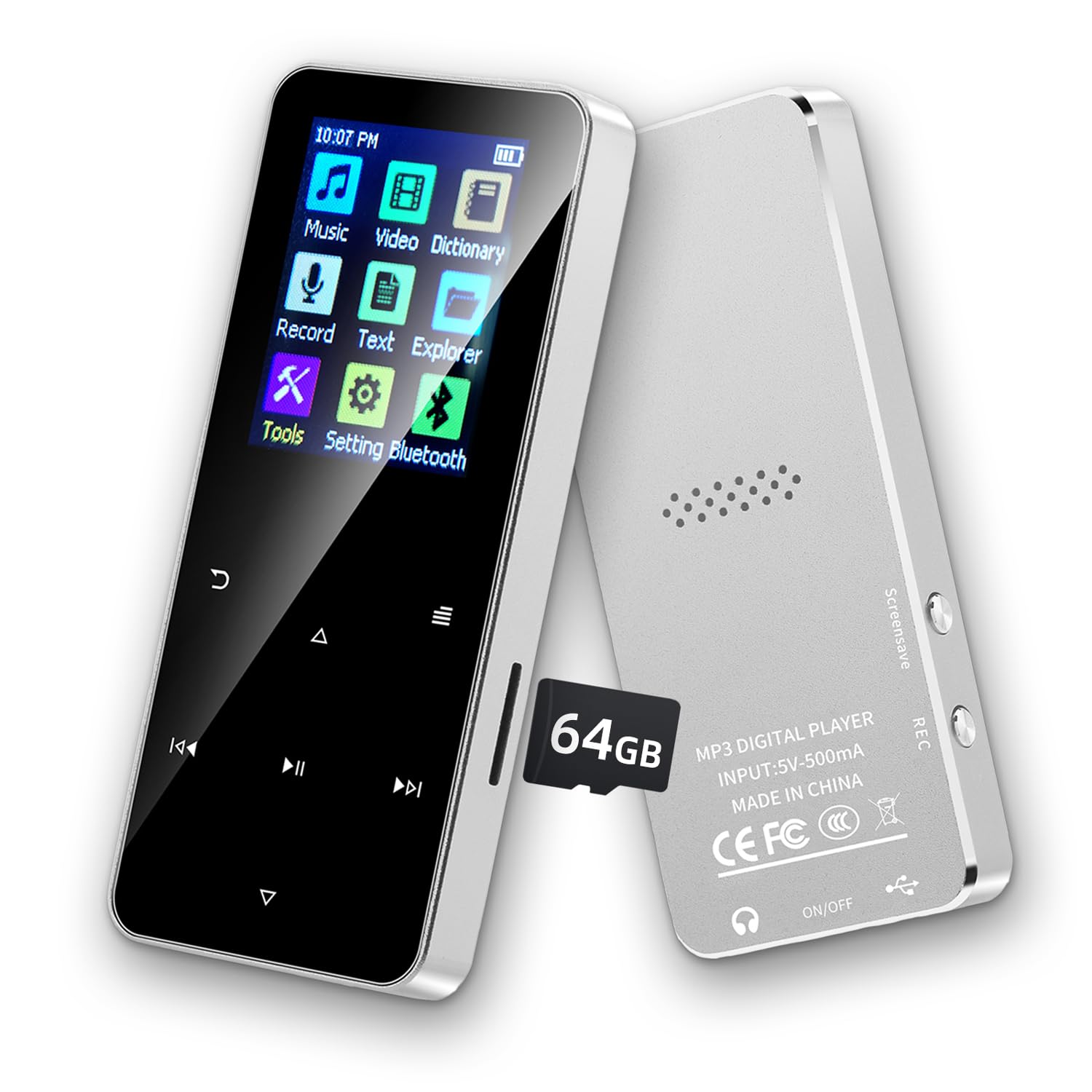 Jawploy 80GB MP3 Player with Bluetooth, showcasing its compact design and user interface.