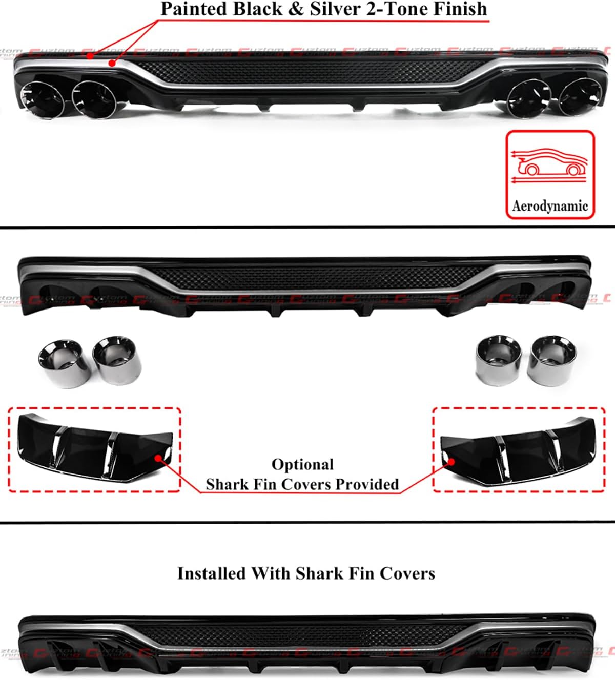 Akasaka Gloss Black Rear Bumper Diffuser W/Silver Trim+ Corner Spats + Exhaust Tip Compatible For 2023-2025 Honda Accord