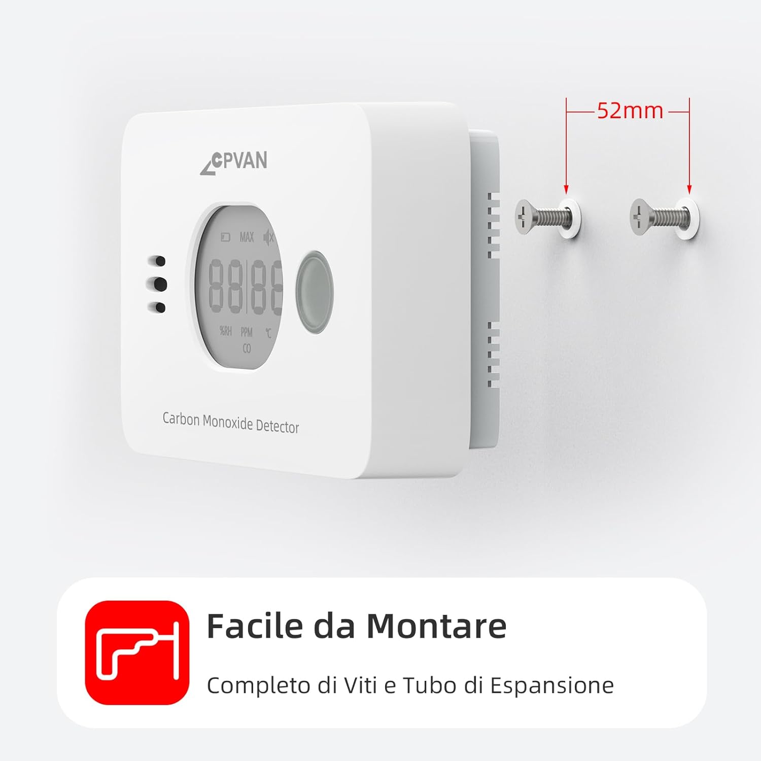 CPVAN Carbon Monoxide Detector being mounted on a wall with screws